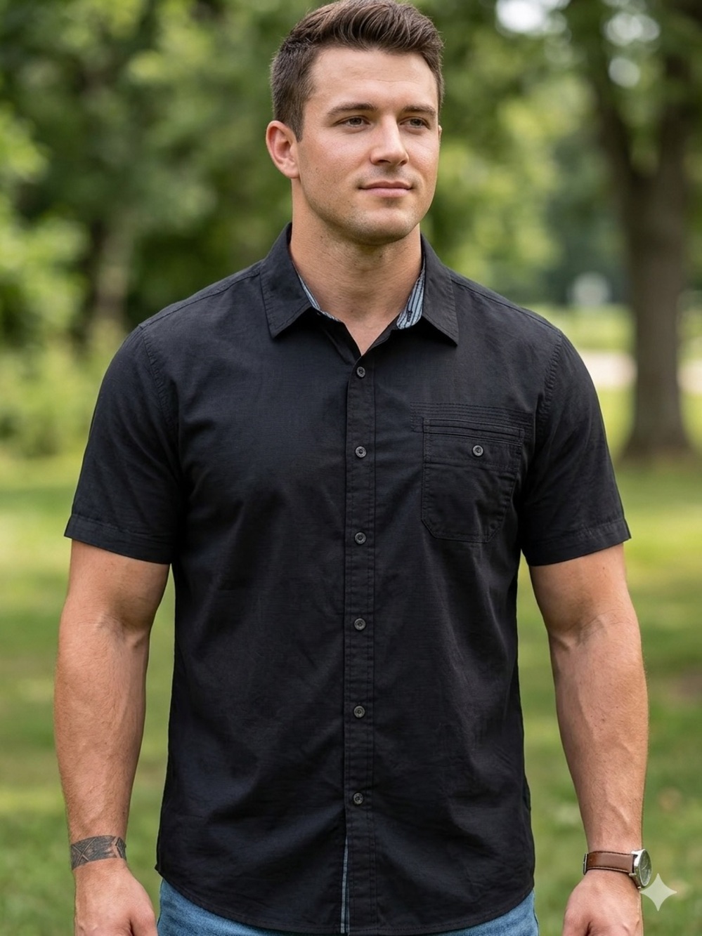 Amplify Men's Black Short-Sleeve Casual Button-Down Shirt - Classic Pocket